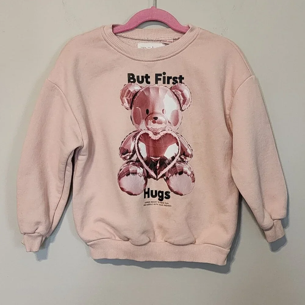 FLAWS! Zara pink teddy bear sweatshirt sz 6 girls But first hugs Valentine's Day